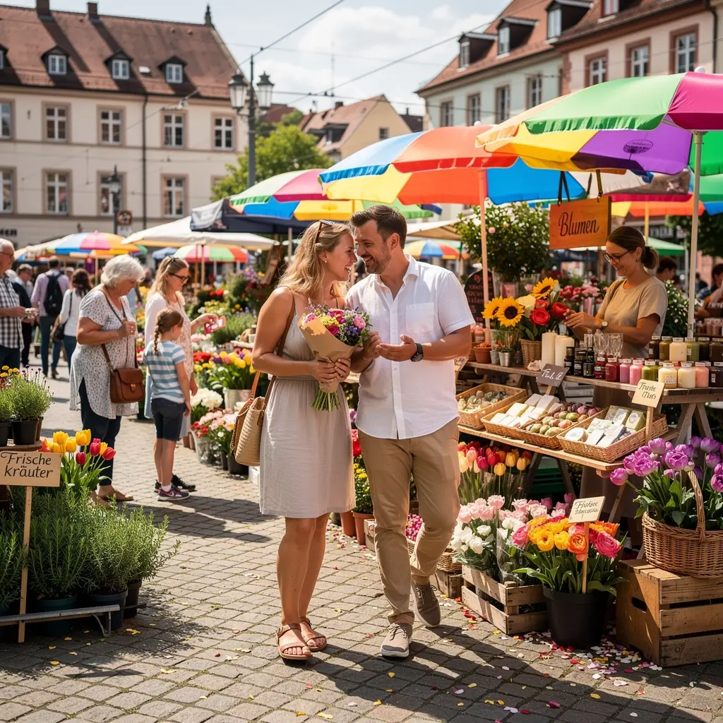 Ein gemütliches Café mit Tischen im Freien in einer belebten deutschen Stadt.
